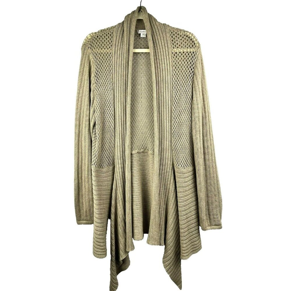 Coldwater Creek Brown Open Crochet Knit Cardigan Sweater Women Large 14-16